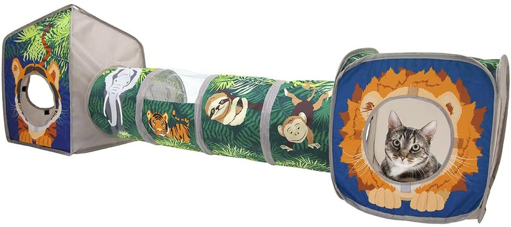 Safari Jungle Cat Play Set: Collapsible Interactive Indoor Playhouse with Cube, Tunnel, and Hideout for Cats
