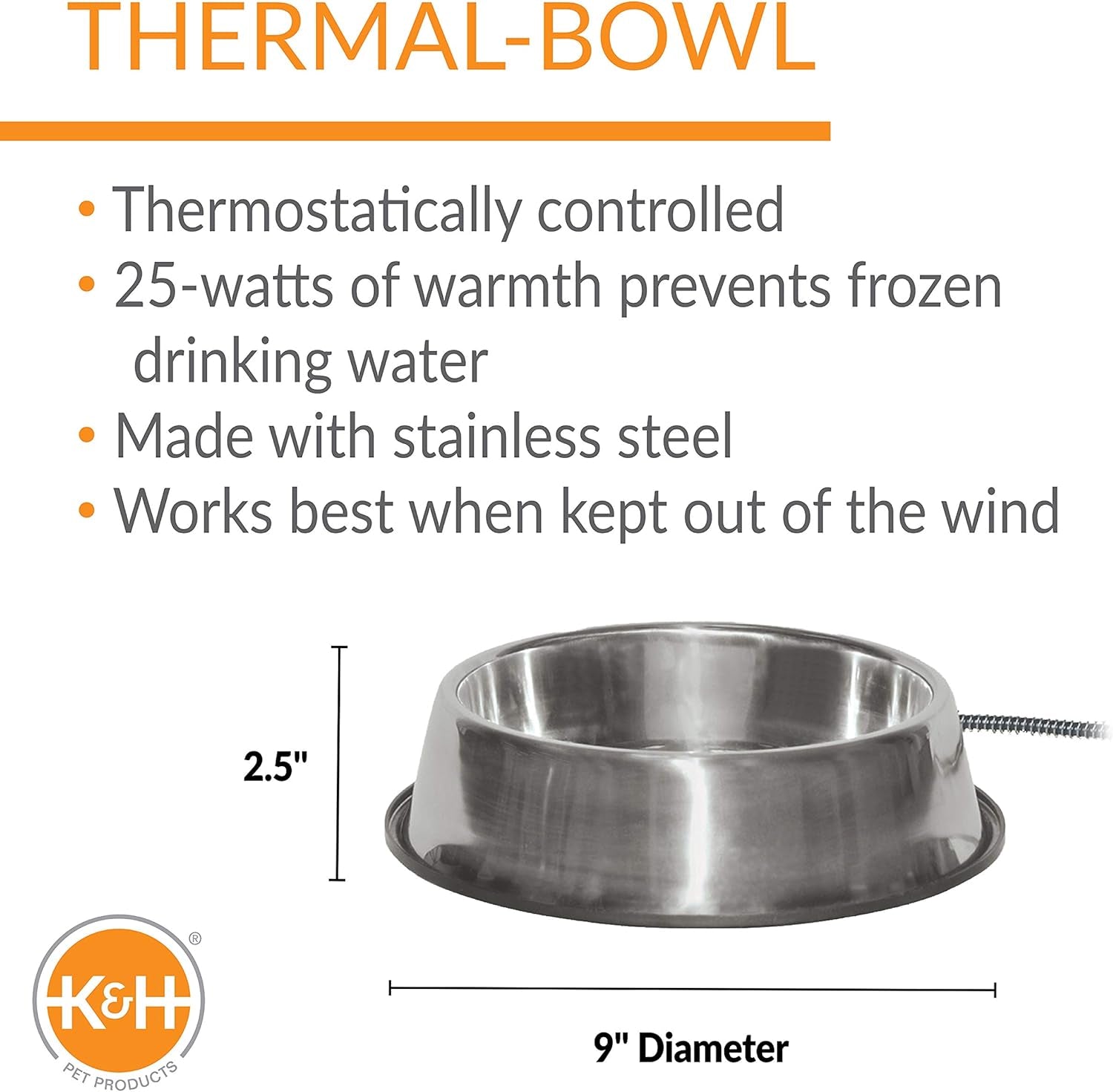 Thermal-Bowl Heated Water Bowl for Cats & Dogs Outside, Safety Listed Outdoor Heated Dog Dish for Pets, Automatic No Freeze, anti Chew Cord - 102 Ounces Stainless 25W | Outdoor Water Stays Unfrozen in Winter. Outdoor Heated Dog Dish for Pets, Automatic No Freeze, anti Chew Cord, 102 Ounces