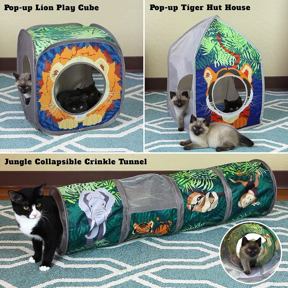 Safari Jungle Cat Play Set: Collapsible Interactive Indoor Playhouse with Cube, Tunnel, and Hideout for Cats