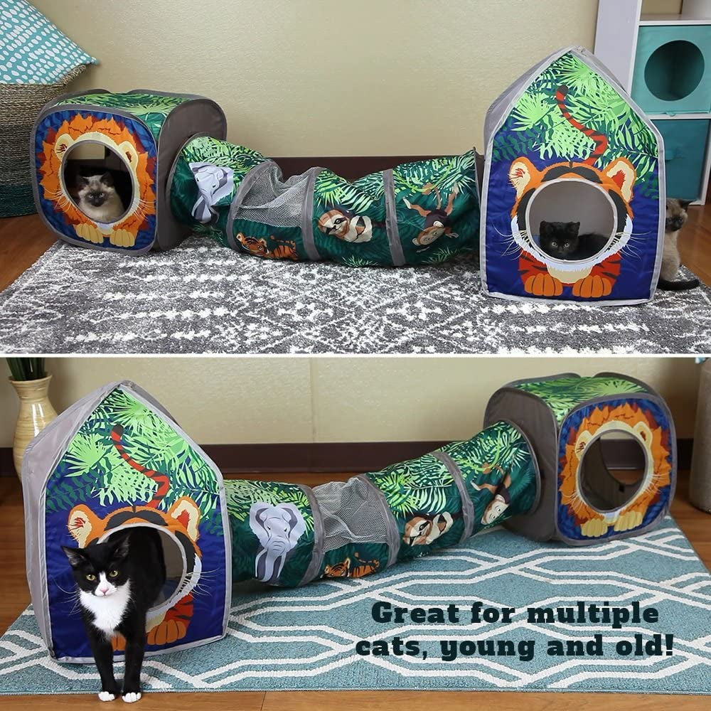 Safari Jungle Cat Play Set: Collapsible Interactive Indoor Playhouse with Cube, Tunnel, and Hideout for Cats